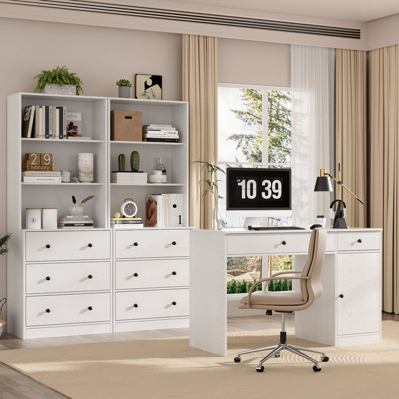 2 Piece Office Set,  47.2" Writing Desk & Set Of 2 Bookcases With Drawers