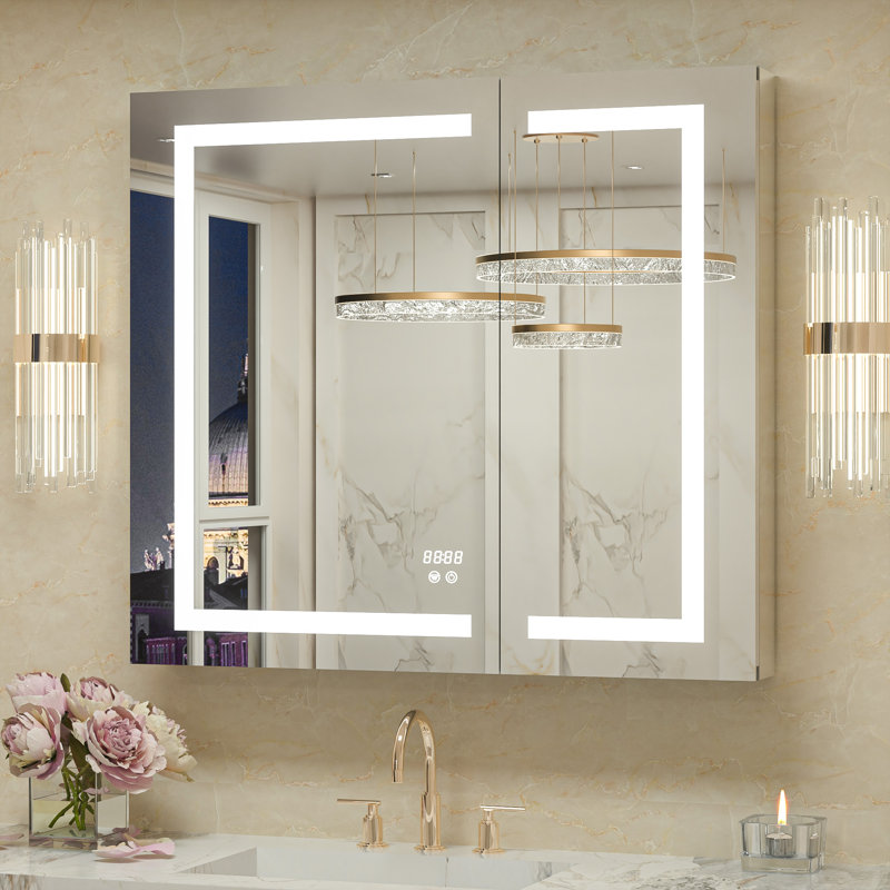Rectangle LED Medicine Cabinet with Light, Sockets & USBs,Tempered Glass, 32" H x 36" W
