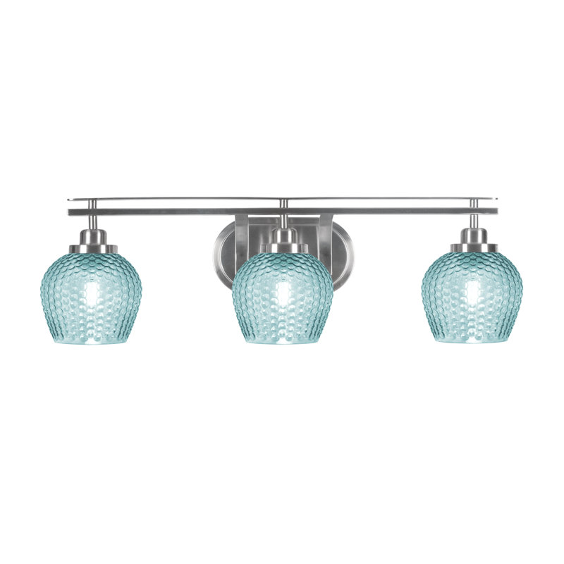 Barre d'éclairage de salle de bain 3 lumières Scituate en nickel brossé, verre turquoise 6 po, Bleu, Nickel brossé