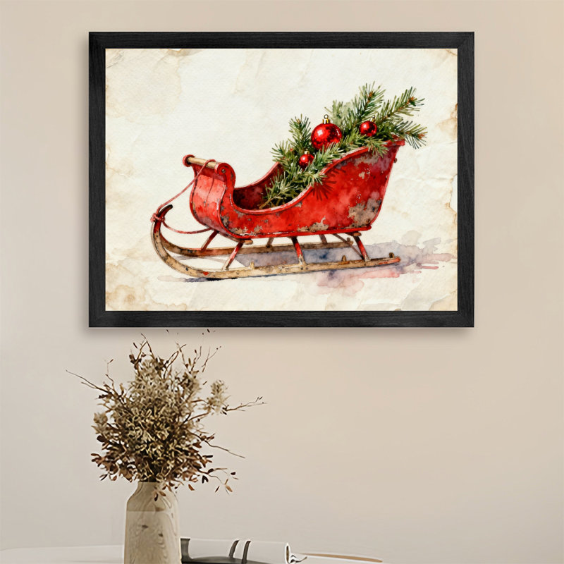 Reproduction d'art encadré noir, arbre de Noël rétro, aquarelle sur le thème de Noël, H 17 po x l 25 po