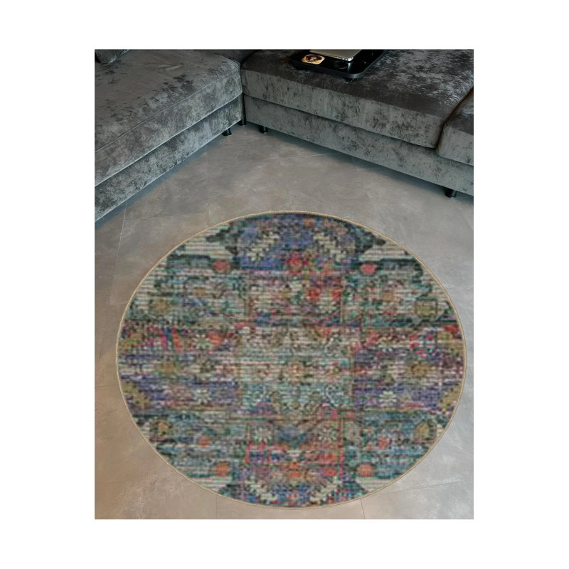 Multicolored Traditional Motif Patterned Round Woven Base Vintage Decorative Carpet, Round 2'8"