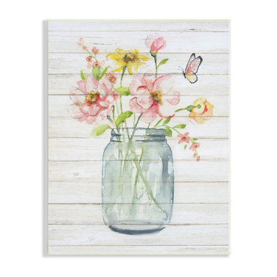 Spring Wild Flower Assortment Country Mason Jar Butterfly Grey Farmhouse, rustique, giclée, art texturé par Nan