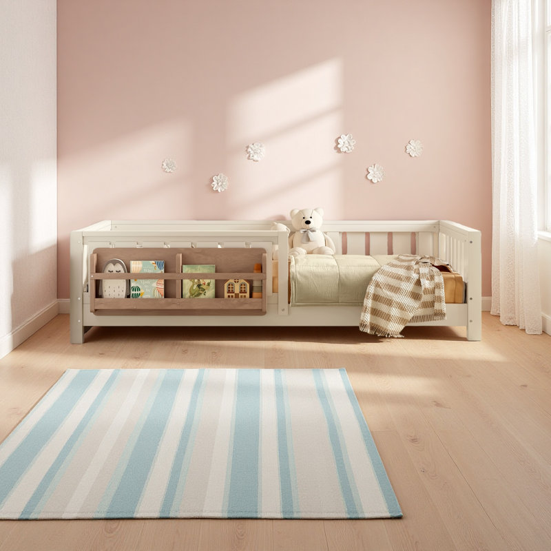 Lit avec bibliothèque intégrée et garde-corps de sécurité de haute qualité, Lit simple, Beige