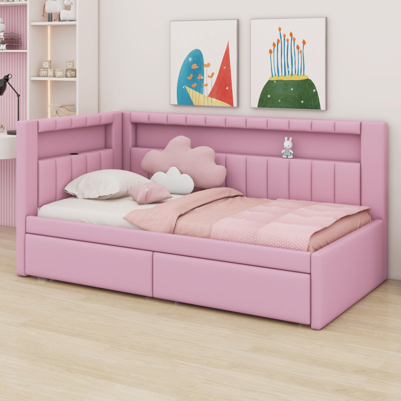 Lit plateforme tapissier avec ports USB et ceinture à DEL, avec tiroirs, Rose