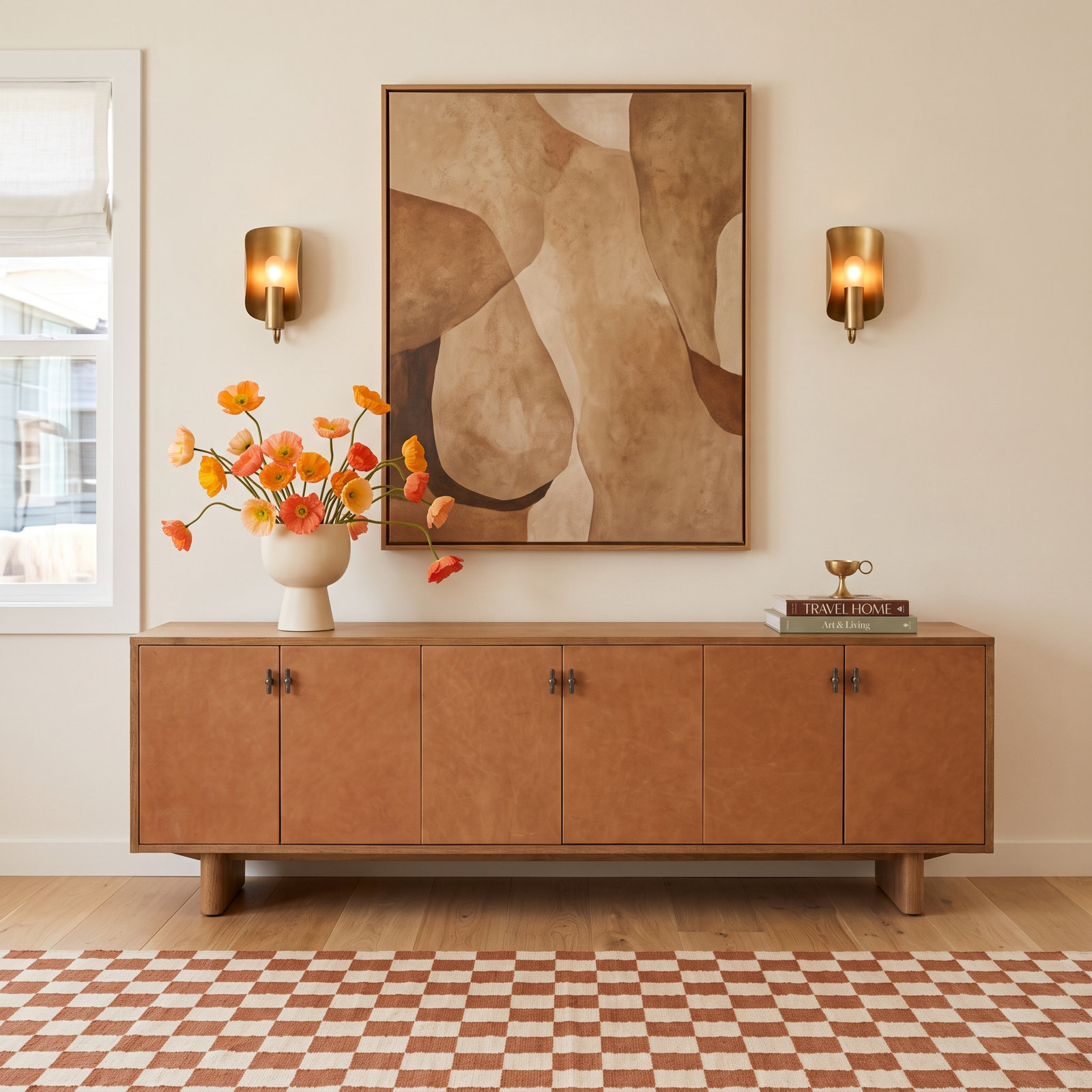 Kellie 78 " Oak Media Console, Amber Oak Veneer/Palermo Cognac