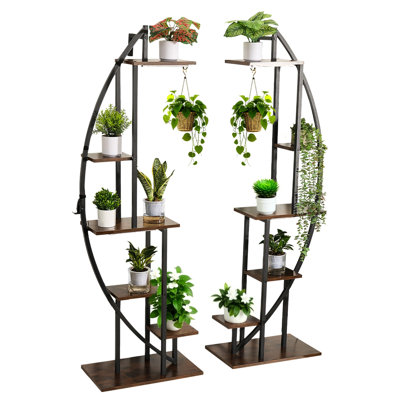 6 Indoor Plant Stand With 3 Spectrum Grow Lights, 2 Pack Metal Corner Plants Holder, Timer & 10 Brightness, Half-Moon Shaped Display Rack For Living Room, Brown+Black Iron Material, 43.35 In Depth,