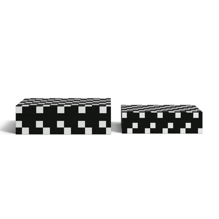 Set of 2 Black and White Storage Boxes - Diagonal Square Design Matching 10" and 12" Polyresin Decorative Box Set - Personal Storage Cases