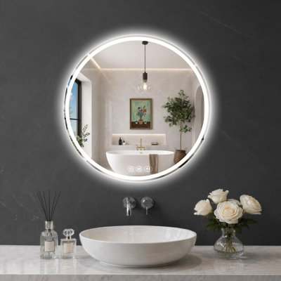 Miroir rond pour salle de bain à DEL, 26 po, verre trempé incassable HD