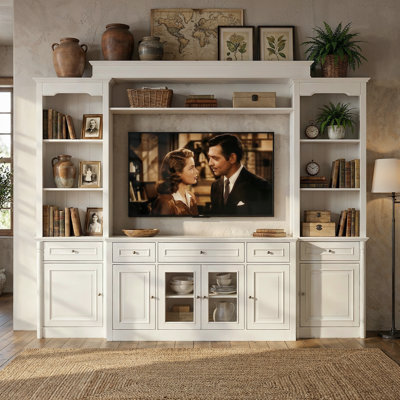 104.3 '' W Entertainment Centre Equipped With Bookcase Open Shelves Multi Size Drawers Glass