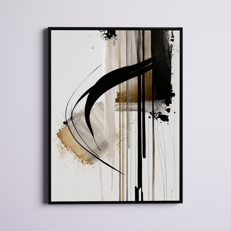 Noir, blanc et or Expression I - art mural abstrait, H 40 po x l 30 po, Toile avec cadre flottant, Noir