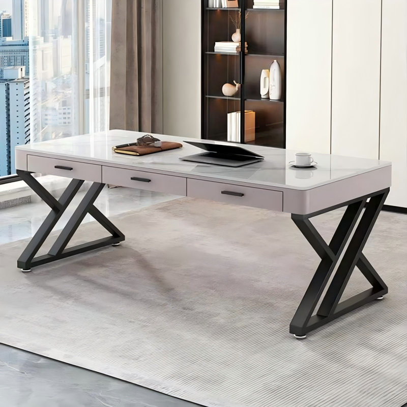Bureau d'écriture rectangulaire en pierre frittée 70,87 "gris, 3 tiroirs, H 29,53 po x l 70,87 po x P 27,56 po