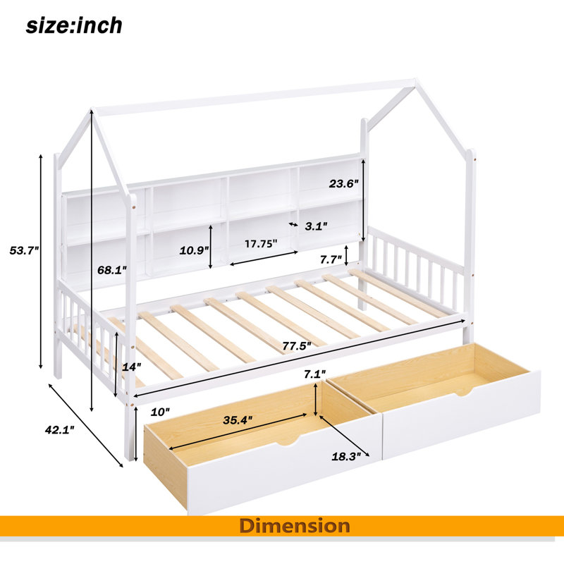 Lit en bois avec 2 tiroirs, Lit simple, Blanc