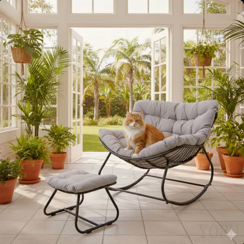 Fauteuil à bascule gris clair avec repose-pieds, fauteuil en osier résistant aux intempéries et coussins