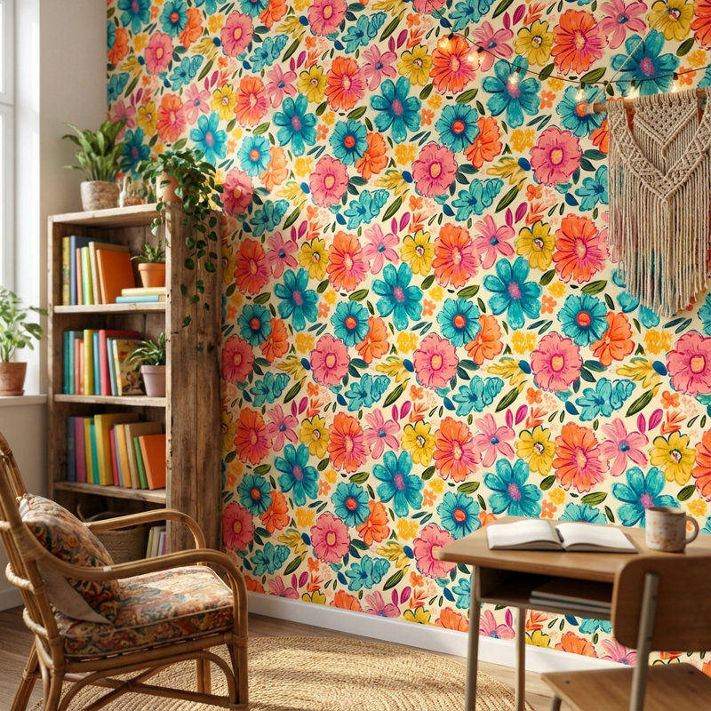 Papier peint floral, moderne, amovible et coloré