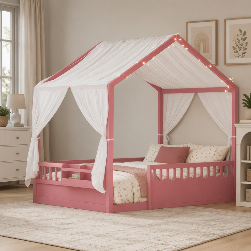 Lit pour enfants Montessori, structure de lit à baldaquin en bois avec barrières de sécurité et porte, guirlande lumineuse et bibliothèque intégrées, lit à profil bas, pas de sommier tapissier nécessaire