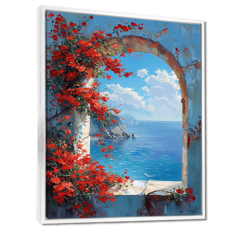 Fleurs rouges, vue de la fenêtre à l'horizon de l'océan bleu - fenêtres murales côtières, salon, H 20 po x l 12 po x P 1 po