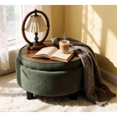 Rangement foncé rond de 25 pouces avec plateau, table basse circulaire moderne en tissu pour le salon et la chambre à coucher, rangement dissimulé multifonctionnel à 21 motifs, assise de siège rembourrée et texturée douce