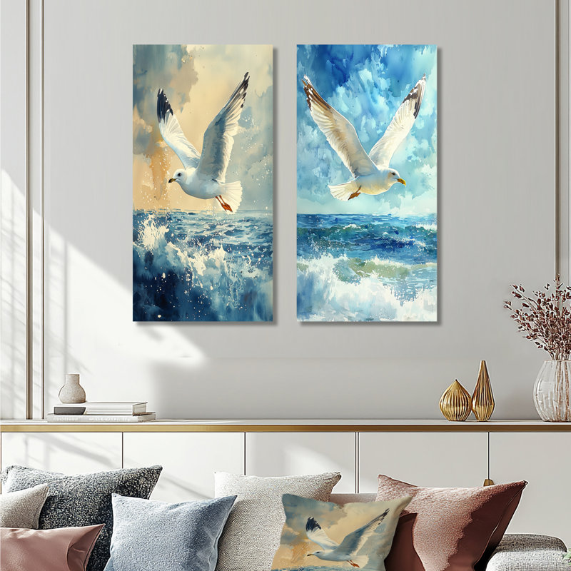 Watcher mouette au-dessus de la côte I - animaux, art sur toile 2 panneaux, H 28 po x l 25 po, Toile tendue