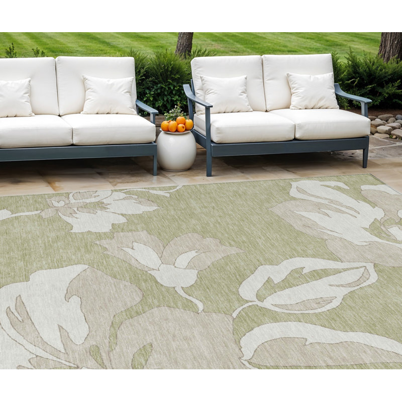 Tapis intérieur lavable floral 10 po x 14 po vert ivoire et taupe artichaut