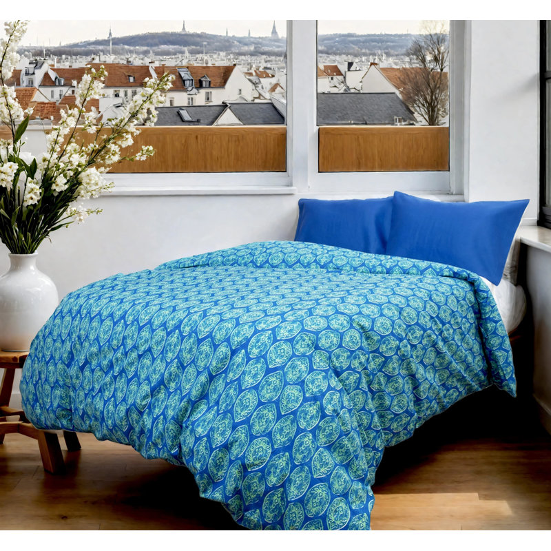 Blue Geometric Cotton Twin Duvet Cover Set
