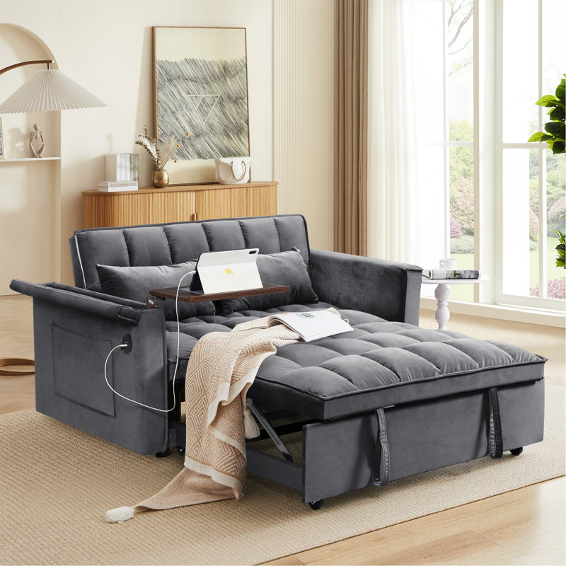 Canapé-lit 55,5 po 3-en-1 pliable, canapé double en velours moderne, canapé-lit à dossier réglable, sac de rangement et oreiller, bureau d'ordinateur portable caché avec port USB, convient au salon, à la chambre à coucher