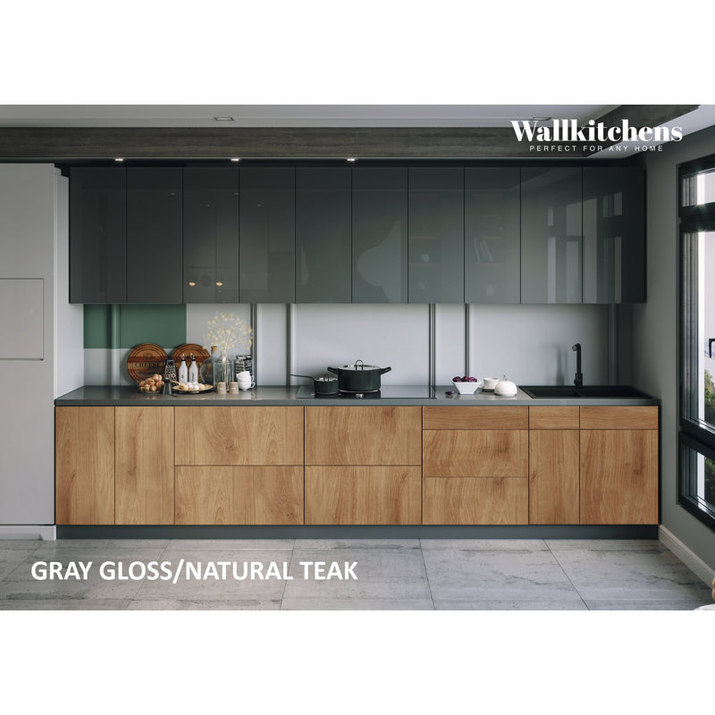 Cuisine complète l 153 po x H 96 po en panneau de fibres à densité moyenne (MDF) prêt à assembler, Teck naturel / gris