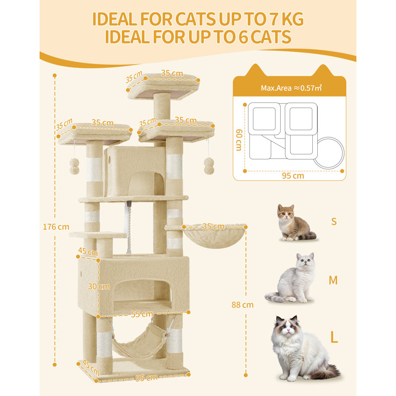 Arbre à chat, arbres à chat de 176 cm, XL, 3 plateformes, 2 grottes, 7 poteaux à griffer, hamac, boules moelleuses, tour pour chats pour plusieurs chats, beige