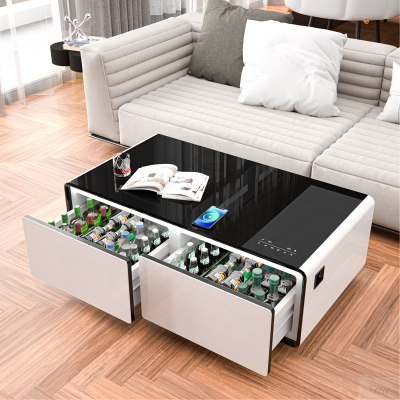 Table basse moderne intelligente avec réfrigérateur intégré, haut-parleurs Bluetooth, charge sans fil, prise de courant, ports USB, lumière RVB