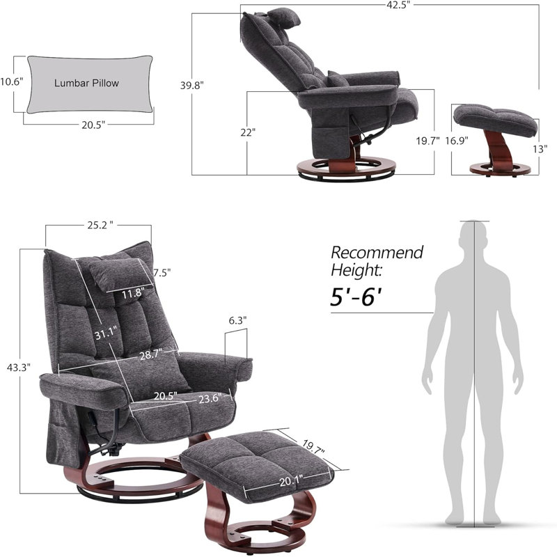 Bennith Upholstered Swivel Recliner, Massage TV Chairs with Neck Pillow and Side Pocket, Gray Chenille
