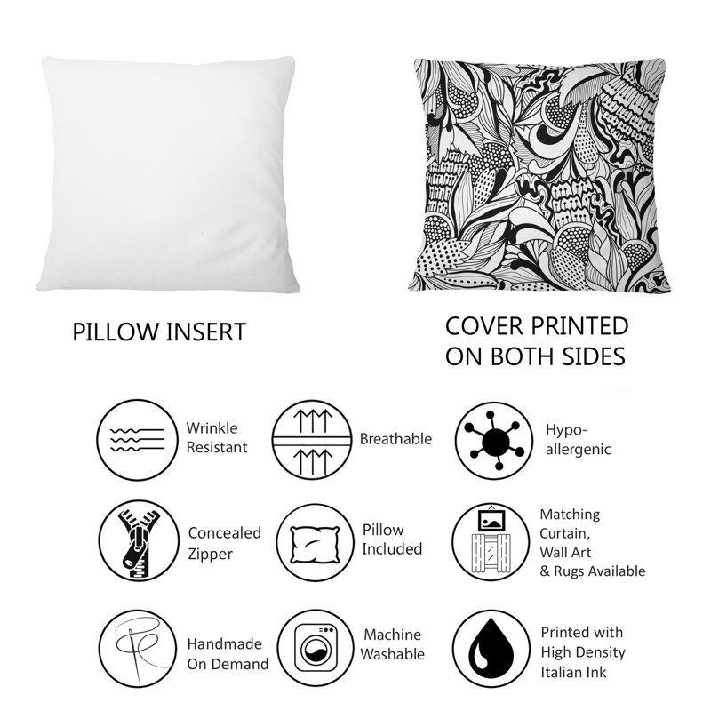 Coussin décoratif imprimé abstrait fleurs abstraites en noir et blanc