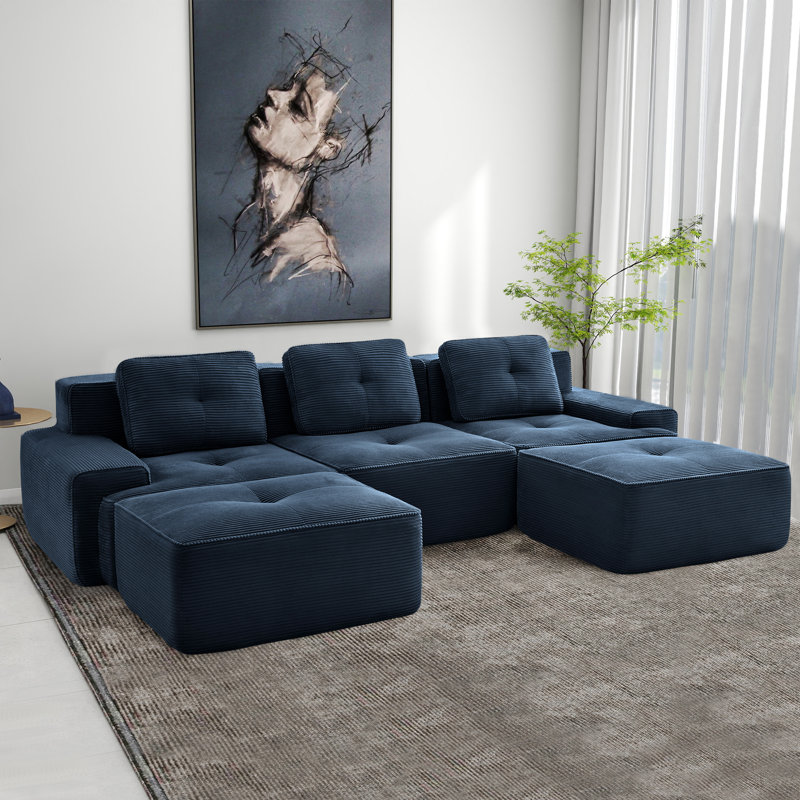 Canapé modulaire en forme de U de 117 po pour salon, tissu velours côtelé 117 po, Bleu