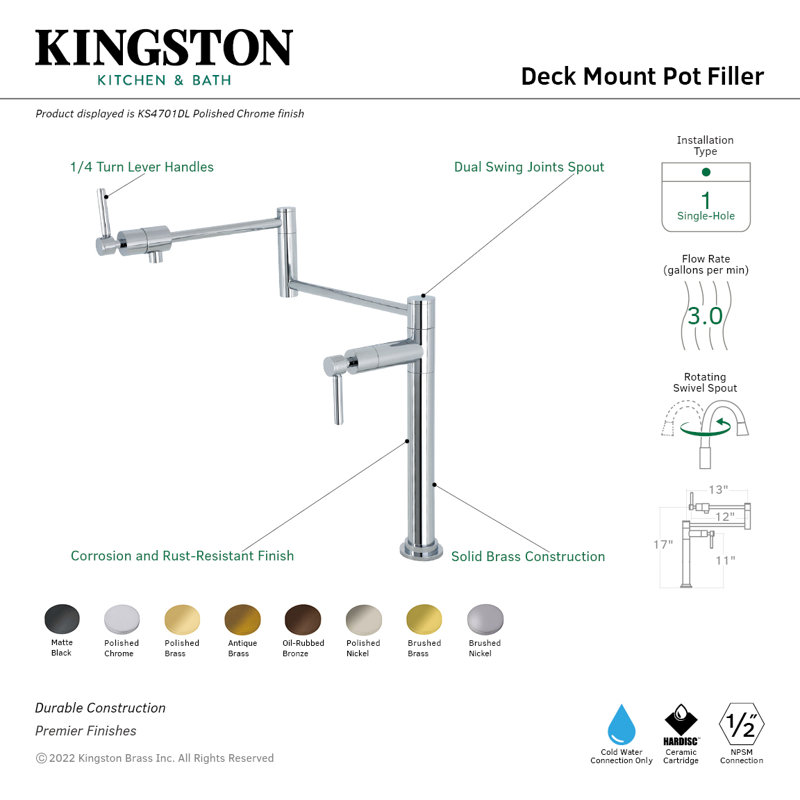 Kingston Brass Concord Two-Handle 1-Hole Deck Mount Pot Filler Faucet, Lever Handle, Polished Nickel