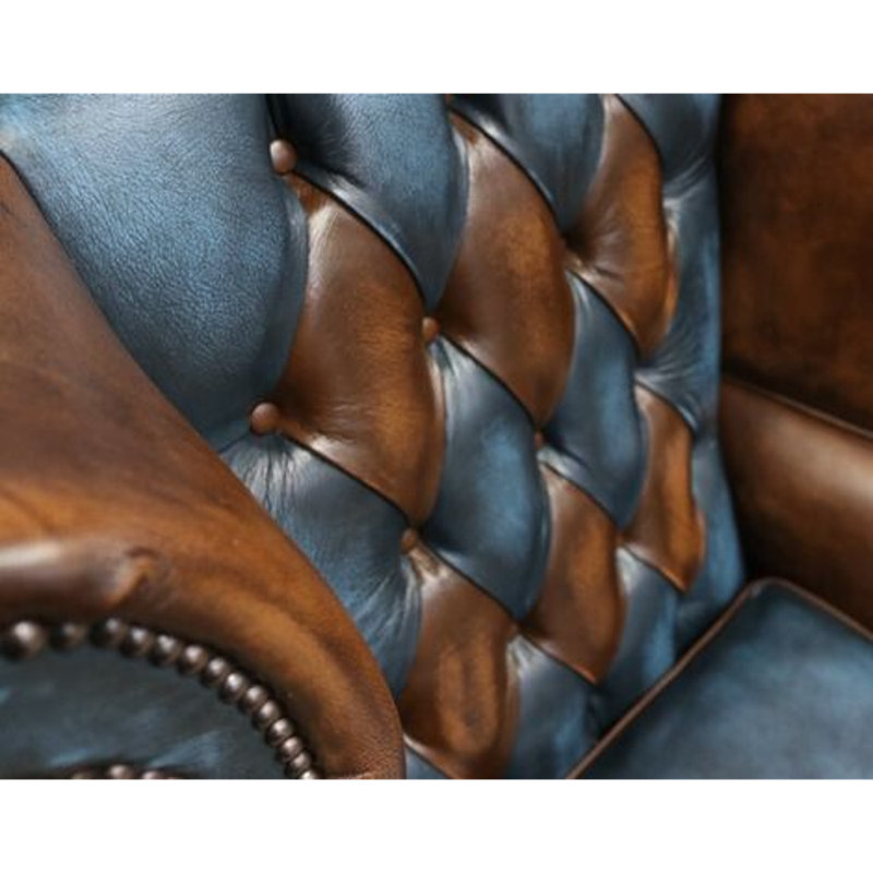 1 Seater Genuine Leather Loveseat, Walnut, Brown/Blue