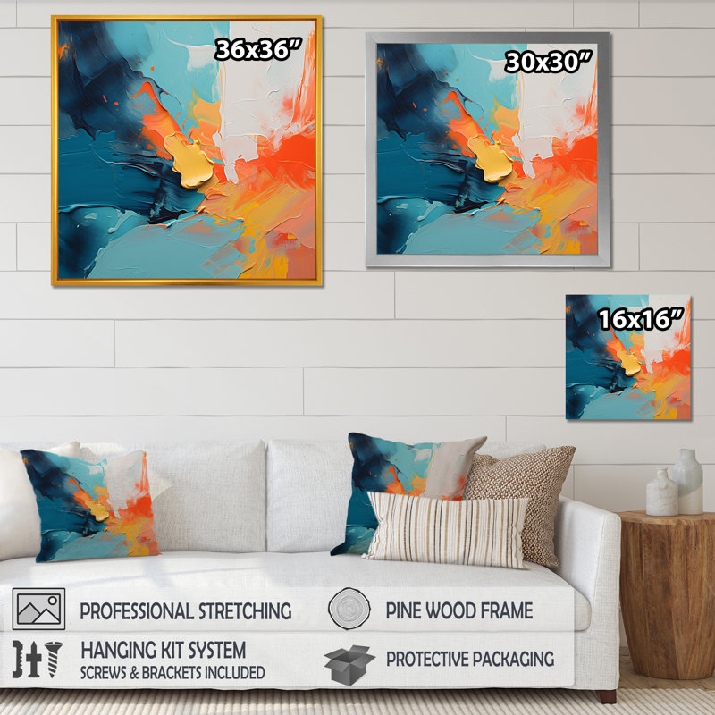 «Colorful Abstract Expression I», art mural abstrait pour le salon, Cadre flottant doré, H 30 po x l 30 po x P 1,5 po