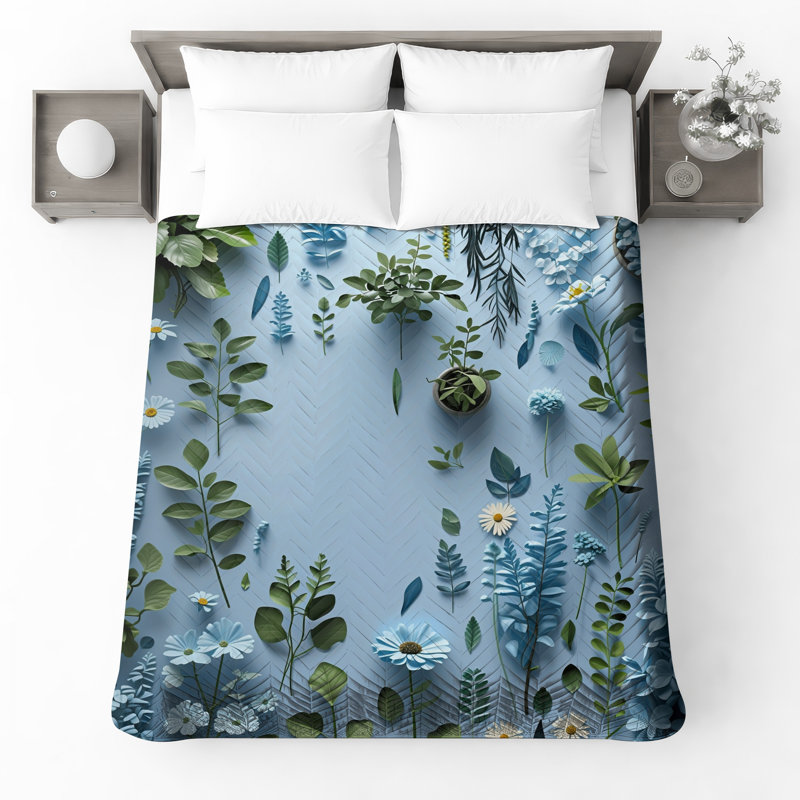 Blue Floral Arrangement Quilted Bedspread All Sizes, Full / Double