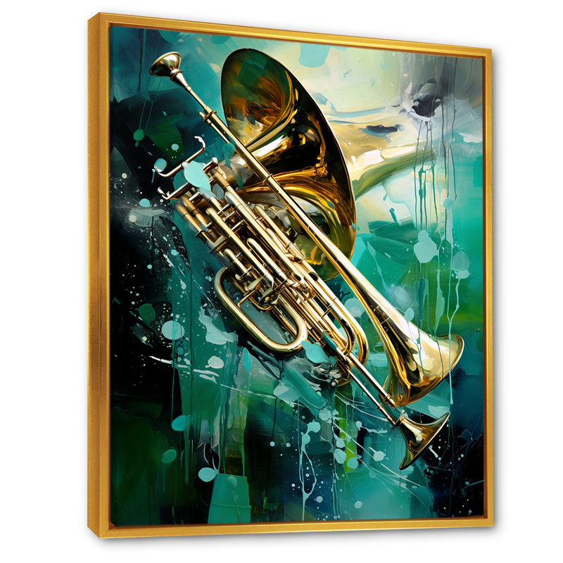 «Trombone Tribute Jazzed Jade II», reproduction sur toile, Cadre flottant doré, 44" H x 34" W