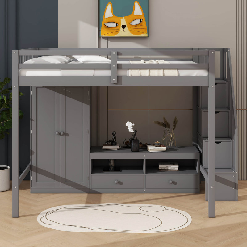 Structure de lit mezzanine robuste avec garde-robe intégrée et escalier de rangement, Gris