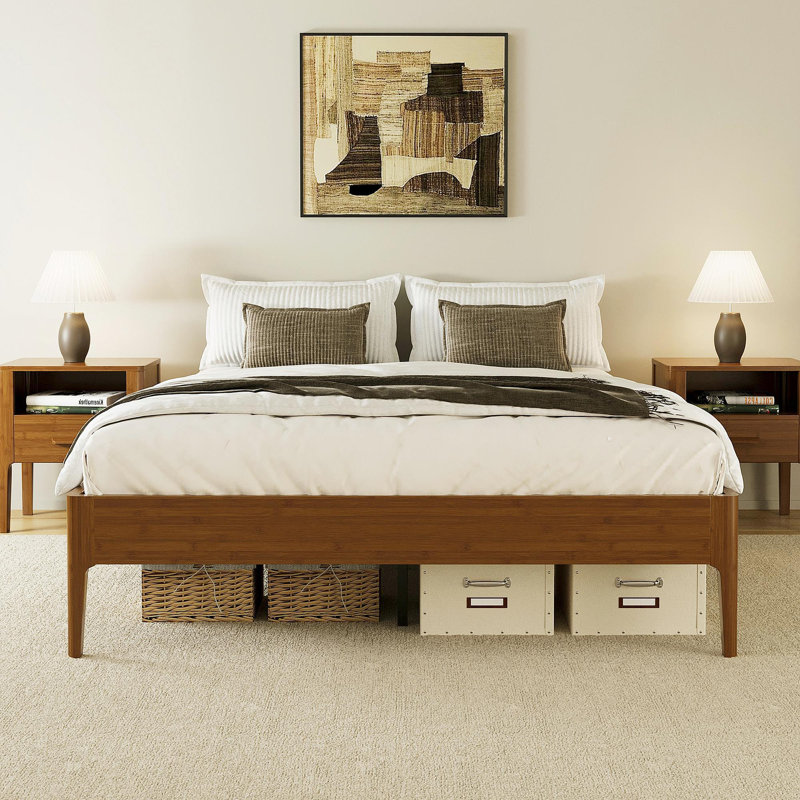 Structure de lit plateforme en bois de bambou sec massif de 15 pouces de hauteur, avec support en lattes de bois en métal, style moderne et minimaliste, aucun sommier tapissier requis, assemblage facile