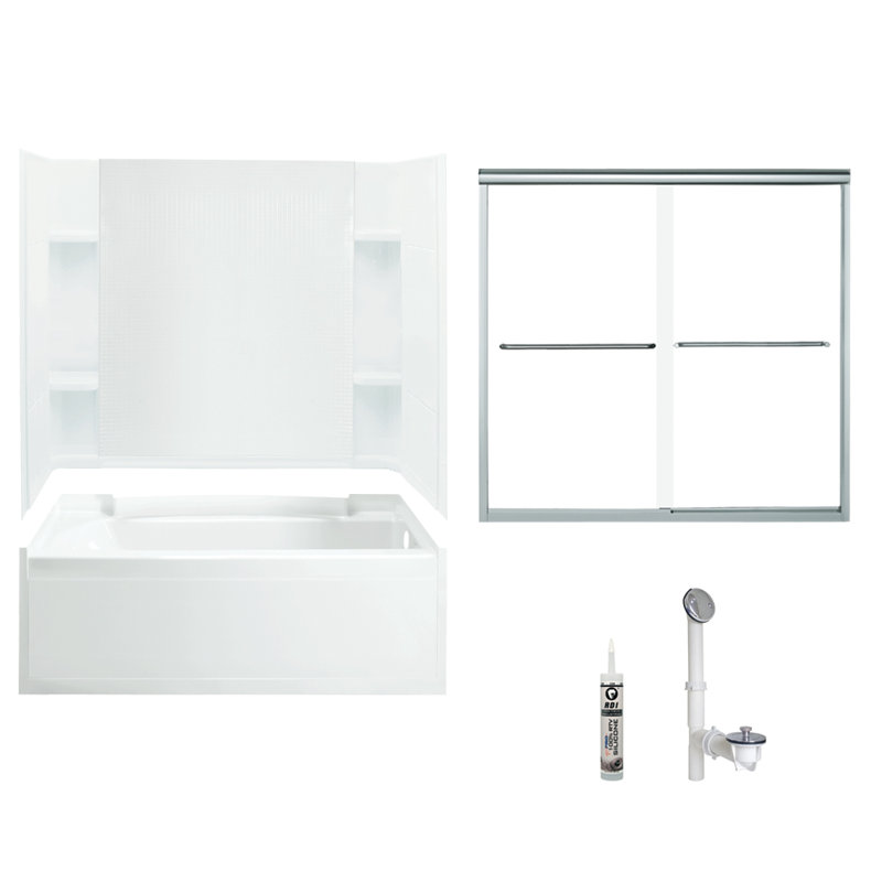 Ensemble de baignoire et douche rectangulaire sans cadre avec porte-serviettes et base 60 po x l 74,25 po, Argent