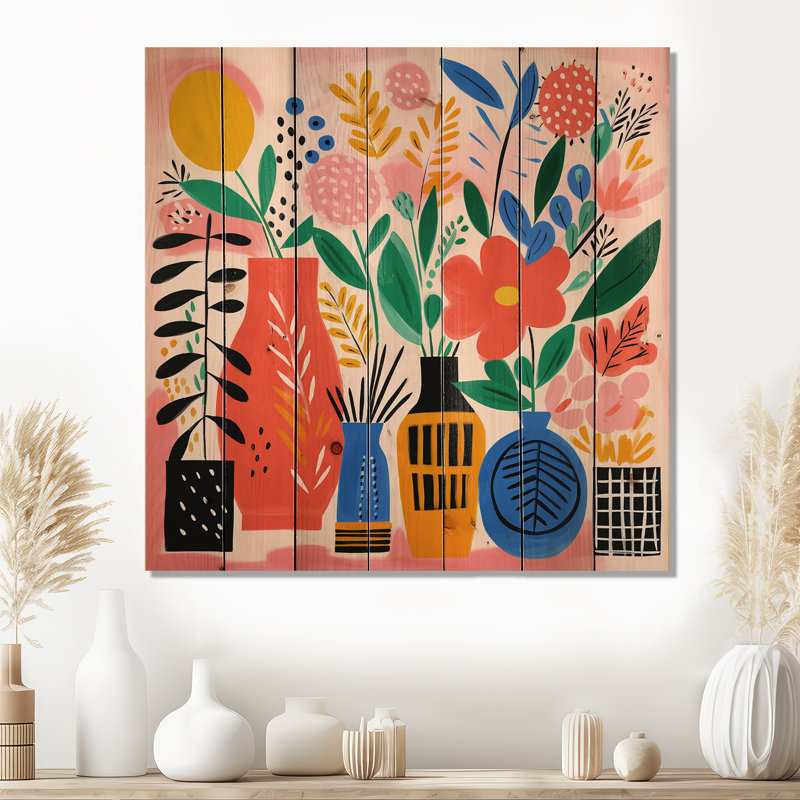 Bouquet de fleurs style bohème Henri Matisse II - poterie bohème sur bois, H 36 po x l 36 po