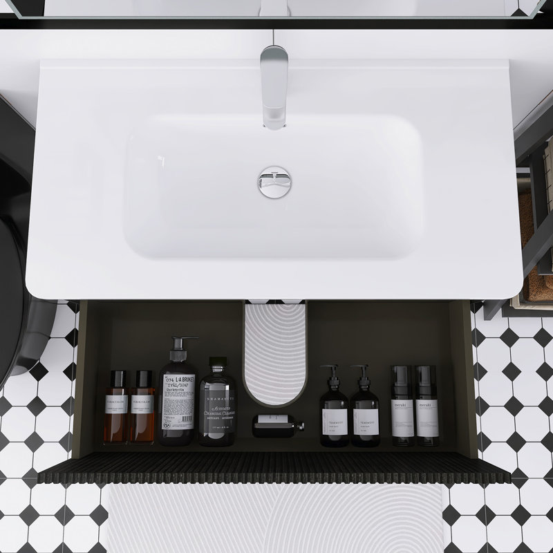 36" Striped Wall Mounted Floating Bathroom Vanity With White Ceramic Sink, Black Oak