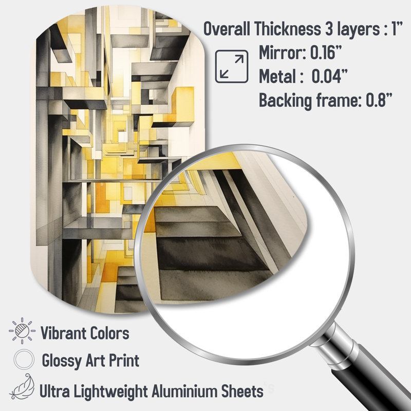 Yellow and Grey Intersecting Realities II - Abstract Shapes Cylinder Metal Wall Decor, Yellow Asymmetrical Metal Art Print