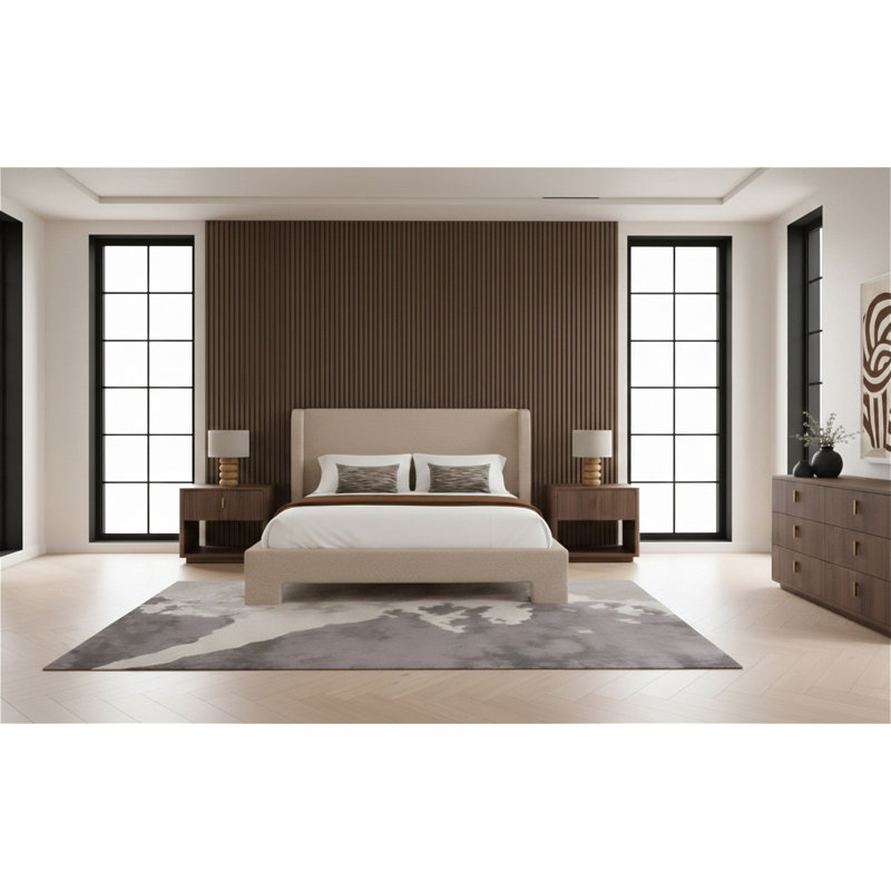 Ensemble de chambre à coucher 4 pièces en tissu beige et noyer Emilio + Roma, Beige / noyer, Très grand lit