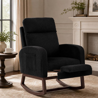 Nursery Glider Rocking Chair with Footrest, Upholstered Rocker with High Back, Solid Wood Legs & Side Pockets, Corduroy Accent Chair for Nursery, Liv by George Oliver