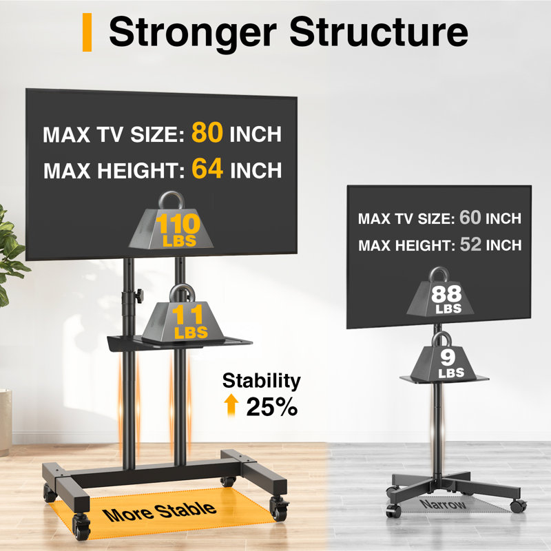 Mobile TV Stand with Wheels for 32-80 Inch LCD LED Flat Screens/Curved TVs up to 50 kgs