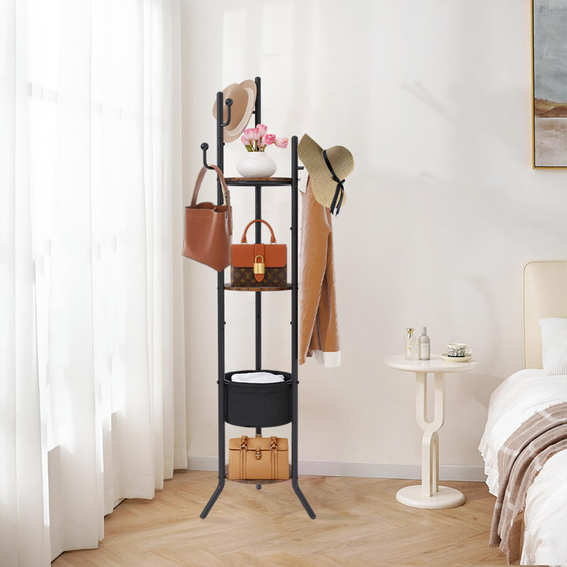 Round Coat Rack With 3 Wooden Shelves And 1 Fabric Basket, Black/Brown