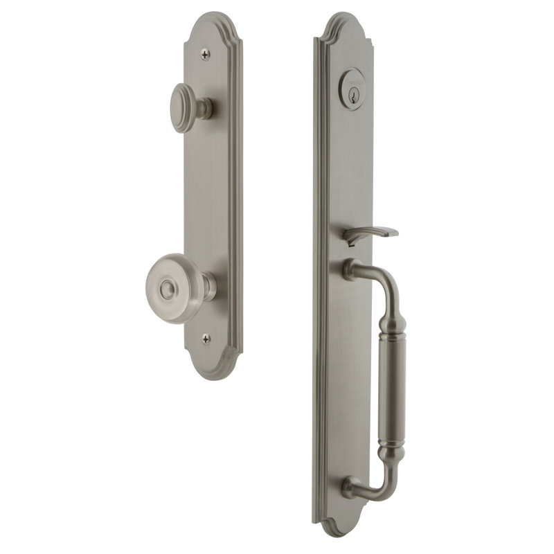 Arc Handleset with Single Cylinder Deadbolt and Bouton Door Knob and Arc Rosette, 2.75", Satin Nickel