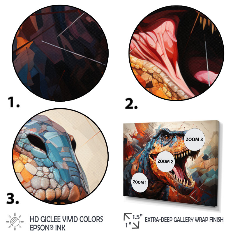 Dinosaure préhistorique héritage géométrique II - dinosaure, art mural, Cadre naturel flottant, H 16 po x l 32 po x P 1 po