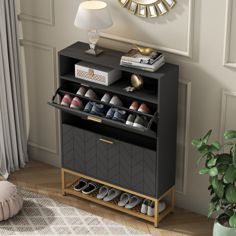 Armoire de rangement pour chaussures 20 paires avec 2 tiroirs rabattables, Noir