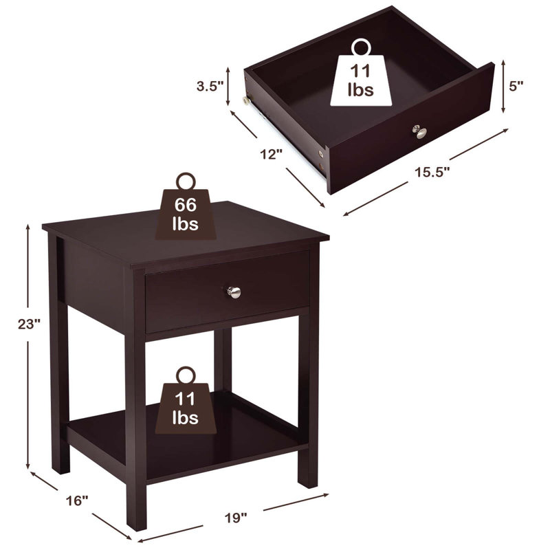 Table de chevet avec table de chevet et tablette de rangement, Café